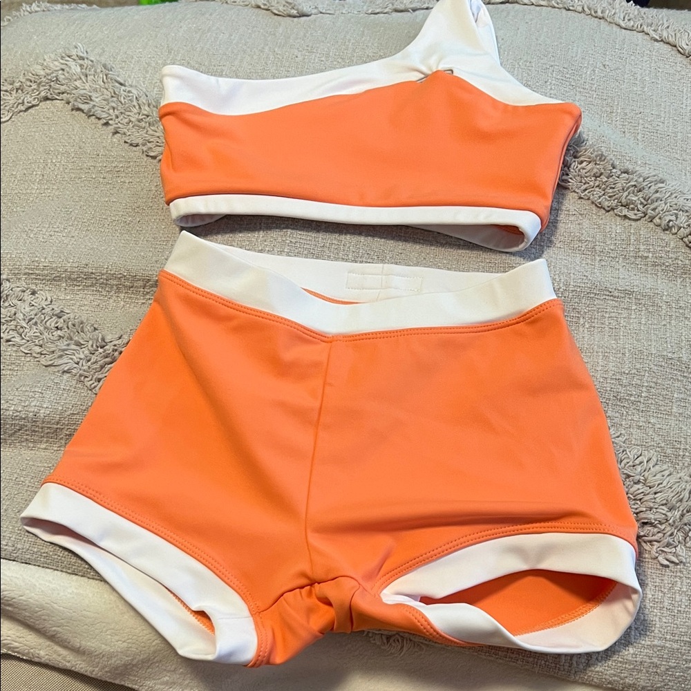 Honey cut two piece orange and white dance outfit size CM